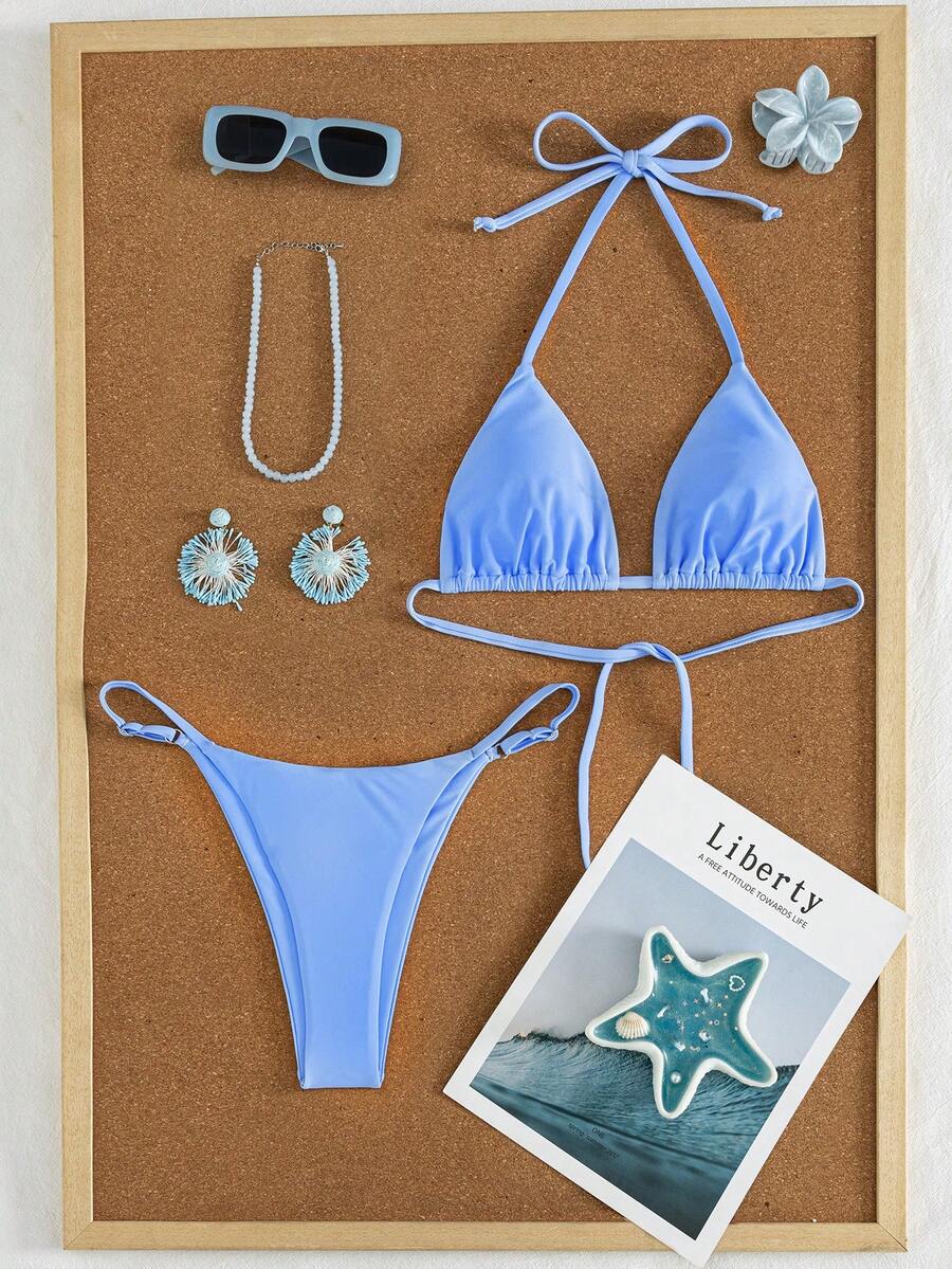 Women's printed halter neck tie two-piece swimwear featuring a wireless triangle top with removable padding and high-waist high-cut bikini bottoms.