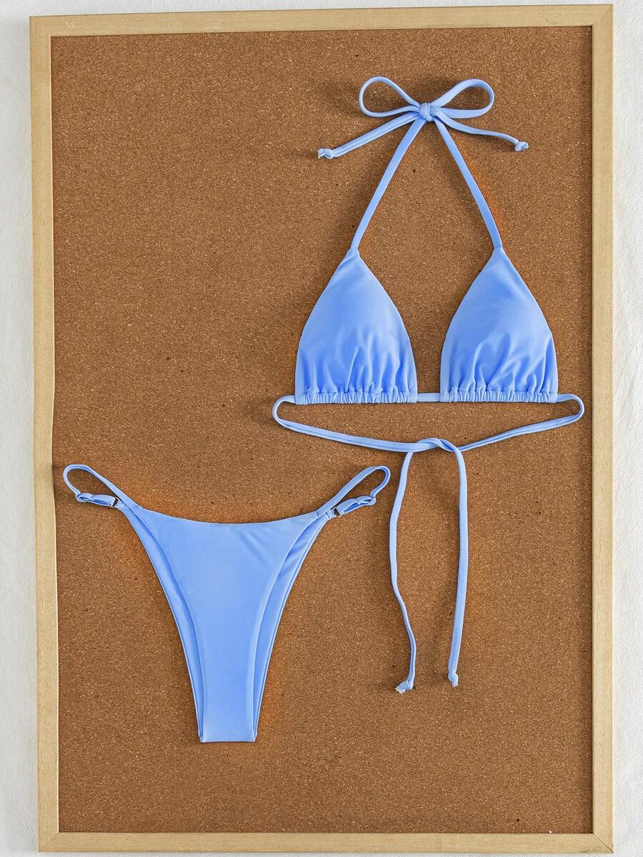 Women's printed halter neck tie two-piece swimwear featuring a wireless triangle top with removable padding and high-waist high-cut bikini bottoms.