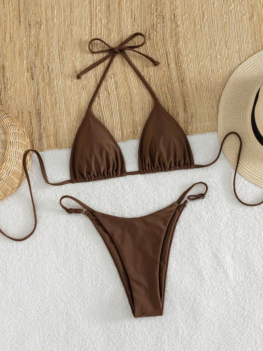Women's printed halter neck tie two-piece swimwear featuring a wireless triangle top with removable padding and high-waist high-cut bikini bottoms.