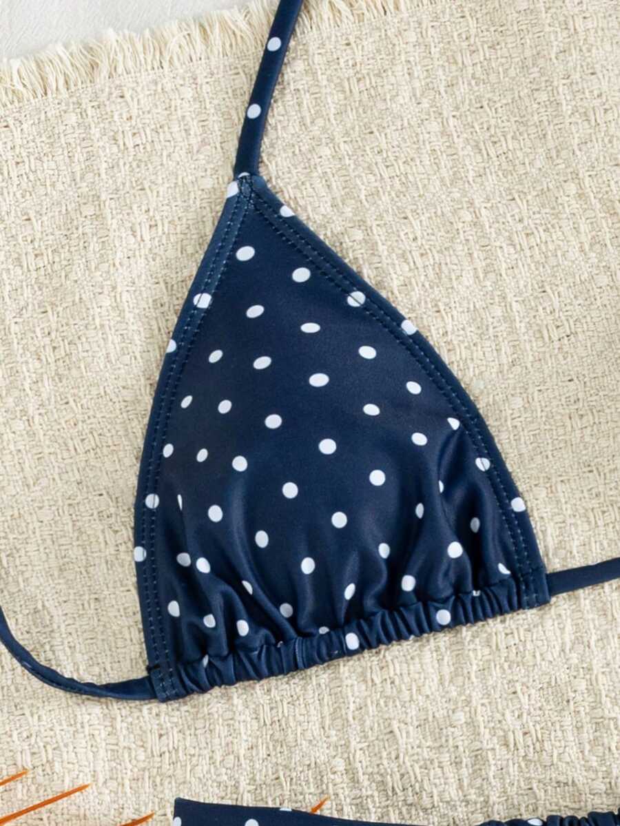 Women's striped halter two-piece swimsuit featuring a lace-up triangle top with removable padding and high-cut low-waist bikini bottoms.