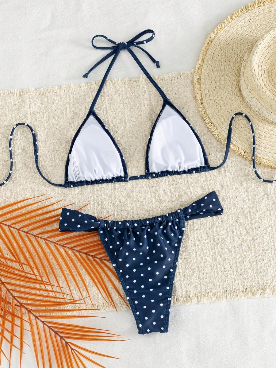 Women's striped halter two-piece swimsuit featuring a lace-up triangle top with removable padding and high-cut low-waist bikini bottoms.