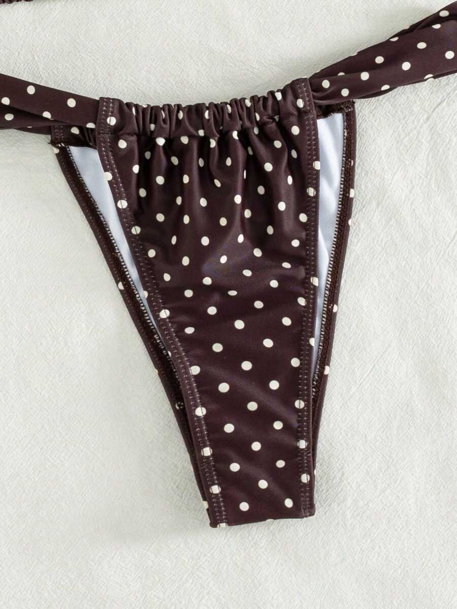Women's striped halter two-piece swimsuit featuring a lace-up triangle top with removable padding and high-cut low-waist bikini bottoms.