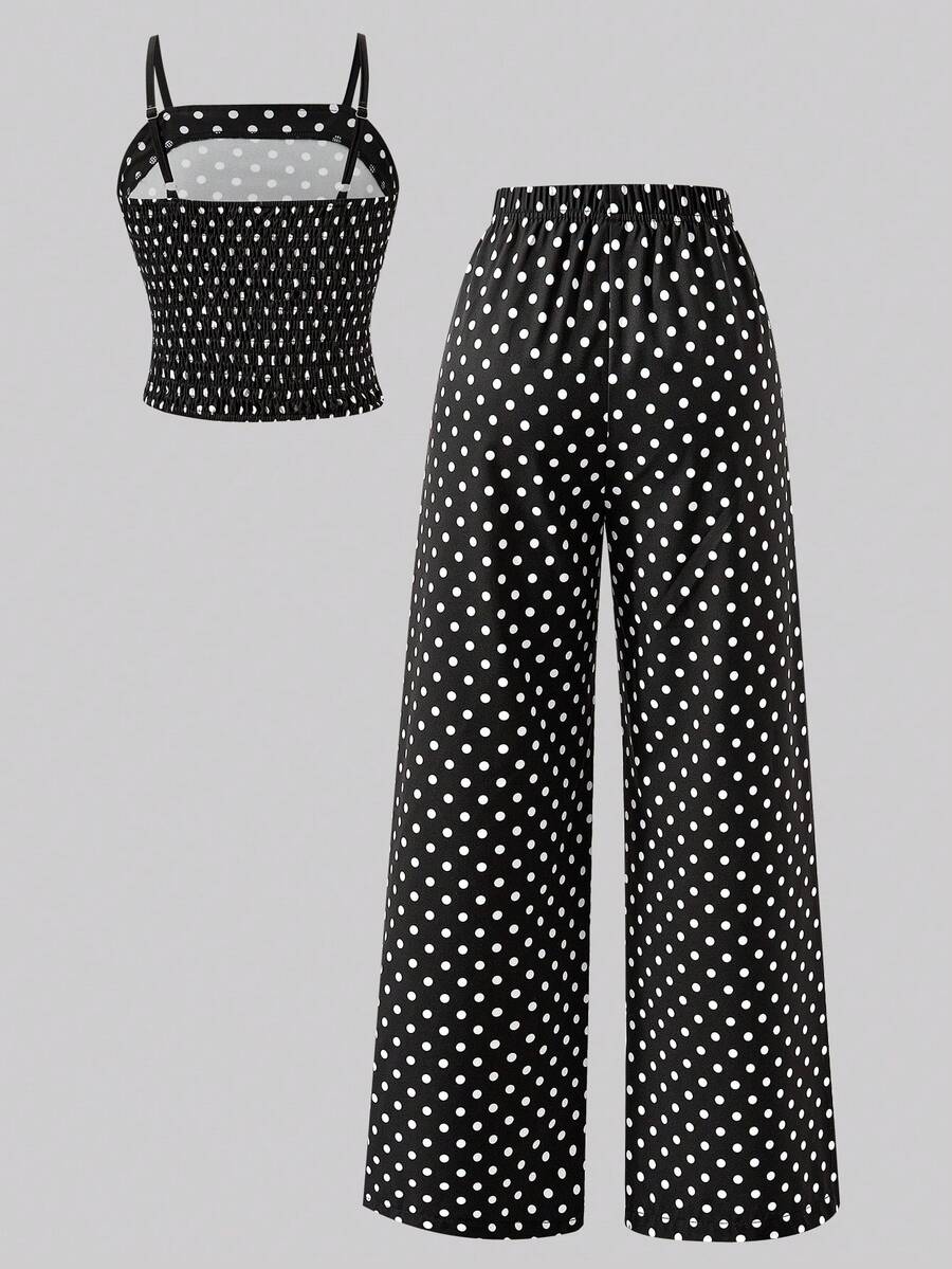 Tween girls casual 2-piece set featuring an apricot woven camisole crop top with back shirring and matching high-waisted loose long pants.