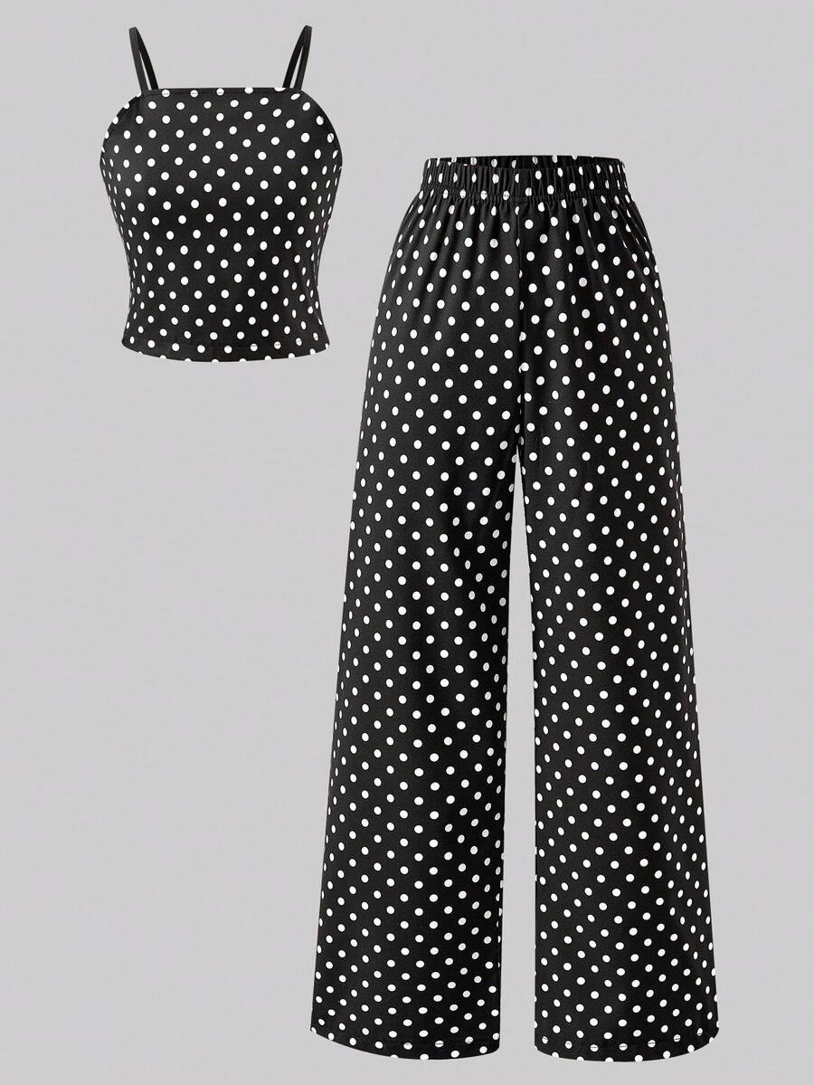 Tween girls casual 2-piece set featuring an apricot woven camisole crop top with back shirring and matching high-waisted loose long pants.