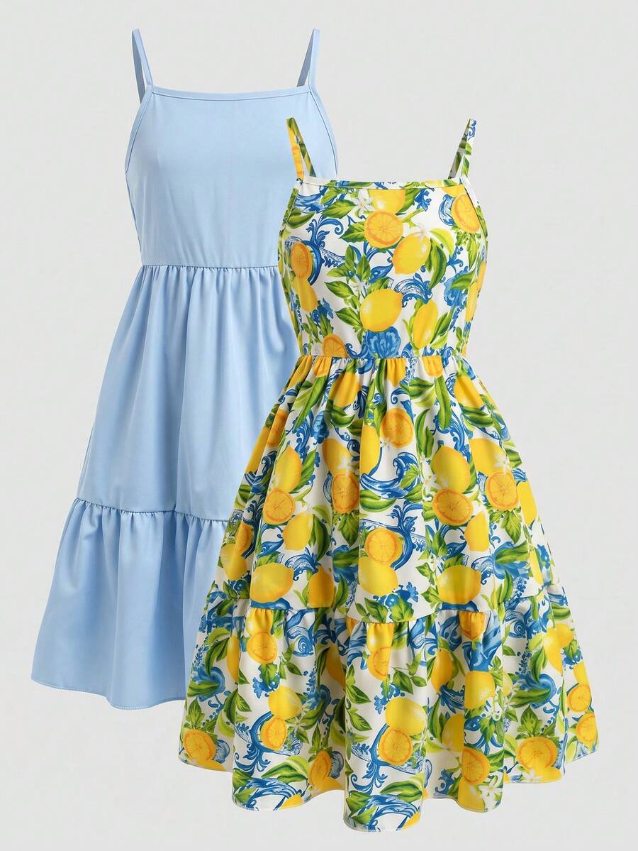 Tween girl blue plant print spaghetti strap cami dress with shirred high waist and flounce ruffled hem