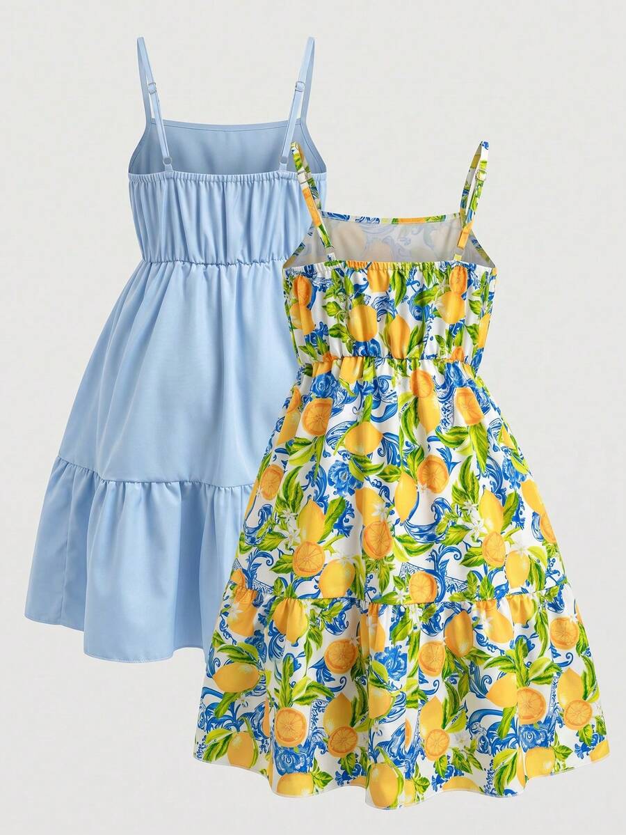 Tween girl blue plant print spaghetti strap cami dress with shirred high waist and flounce ruffled hem
