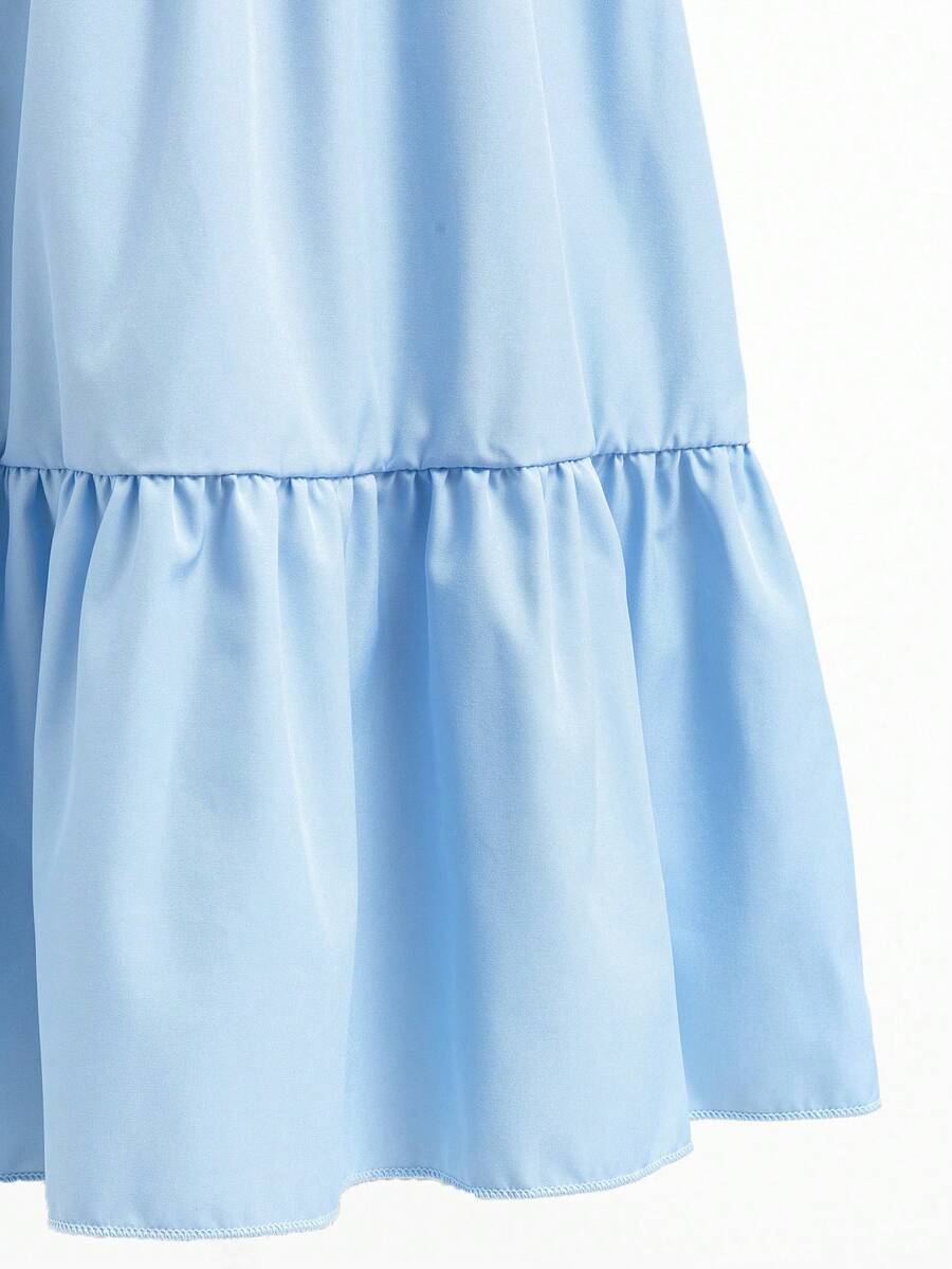 Tween girl blue plant print spaghetti strap cami dress with shirred high waist and flounce ruffled hem