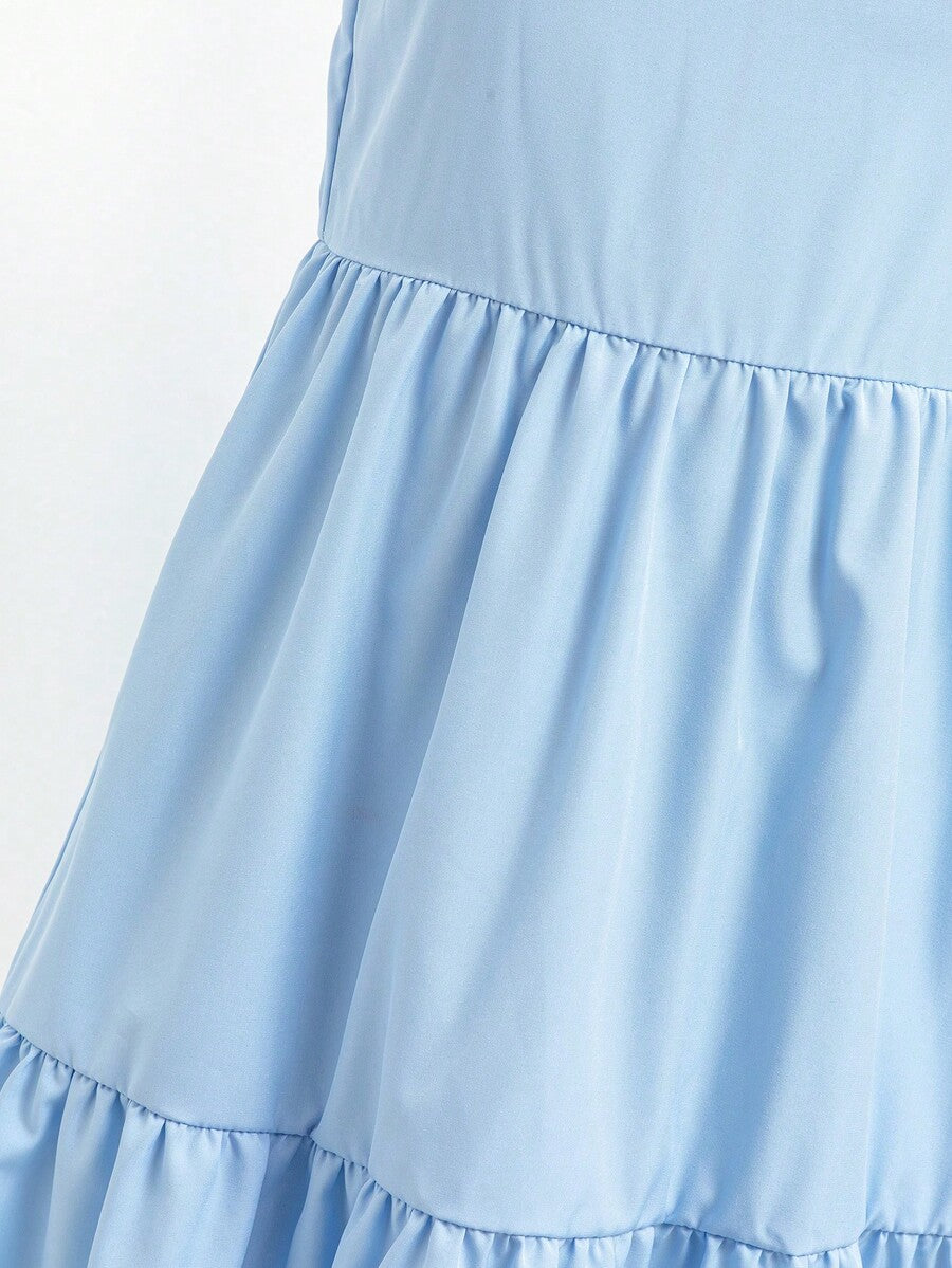 Tween girl blue plant print spaghetti strap cami dress with shirred high waist and flounce ruffled hem