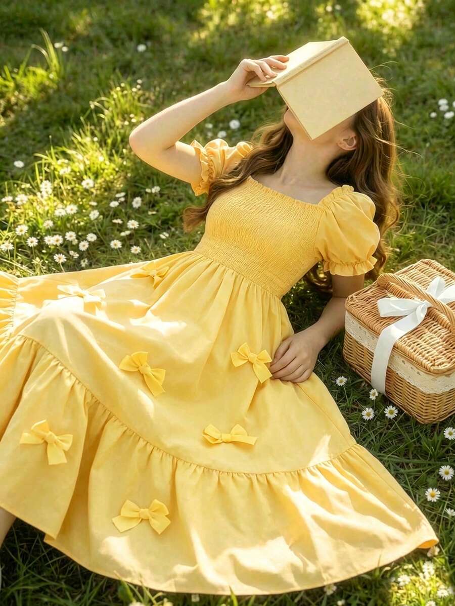 ChillGRL square neck short puff sleeve A-line long dress for teen girls featuring shirred high waist detailing and a flounce hem.