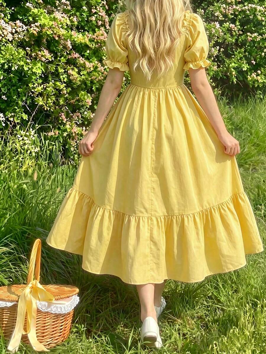 ChillGRL square neck short puff sleeve A-line long dress for teen girls featuring shirred high waist detailing and a flounce hem.