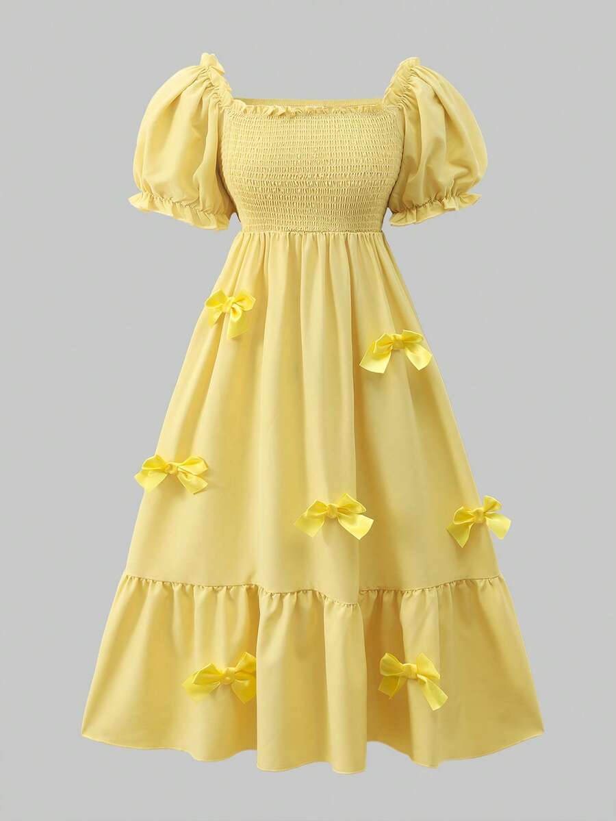 ChillGRL square neck short puff sleeve A-line long dress for teen girls featuring shirred high waist detailing and a flounce hem.