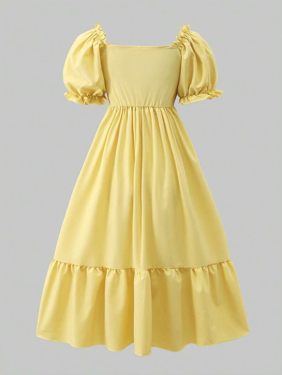 ChillGRL square neck short puff sleeve A-line long dress for teen girls featuring shirred high waist detailing and a flounce hem.