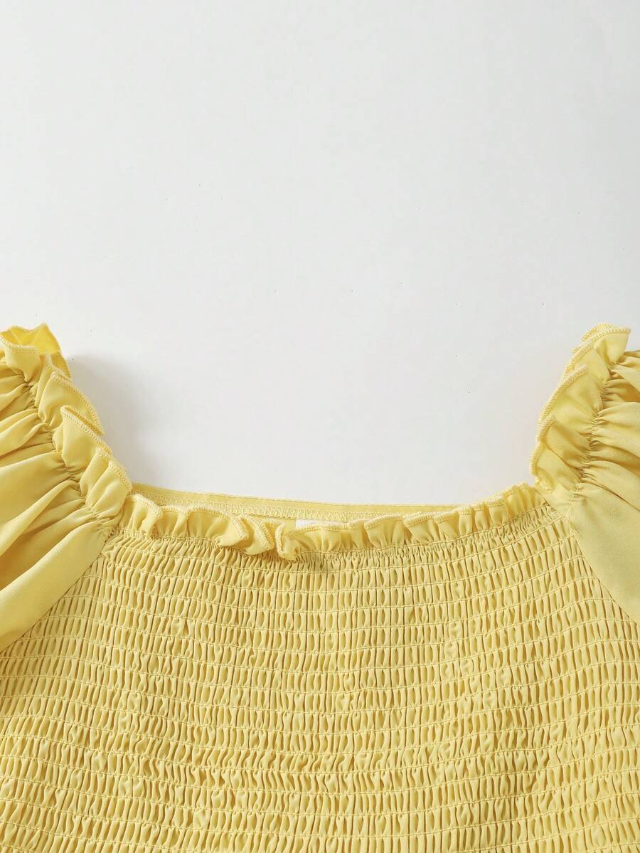 ChillGRL square neck short puff sleeve A-line long dress for teen girls featuring shirred high waist detailing and a flounce hem.