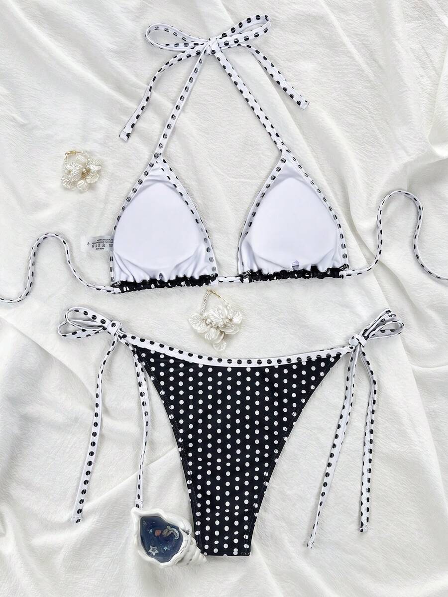 Women's high waist 2-piece triangle bikini set featuring colorblock trim, halter neckline, wireless bra with removable padding, and tie-side bottoms.