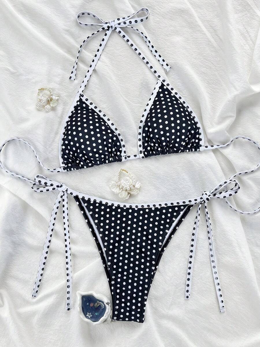 Women's high waist 2-piece triangle bikini set featuring colorblock trim, halter neckline, wireless bra with removable padding, and tie-side bottoms.