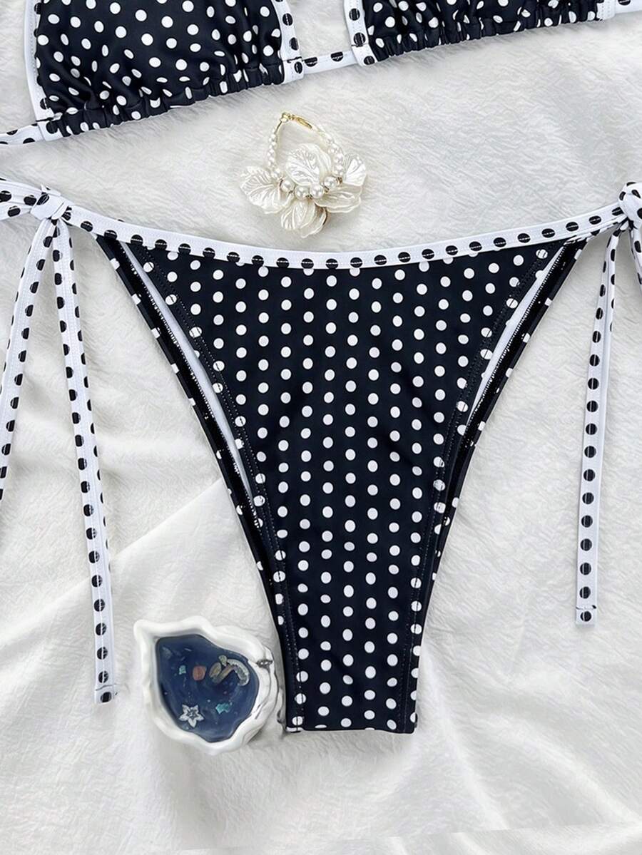 Women's high waist 2-piece triangle bikini set featuring colorblock trim, halter neckline, wireless bra with removable padding, and tie-side bottoms.