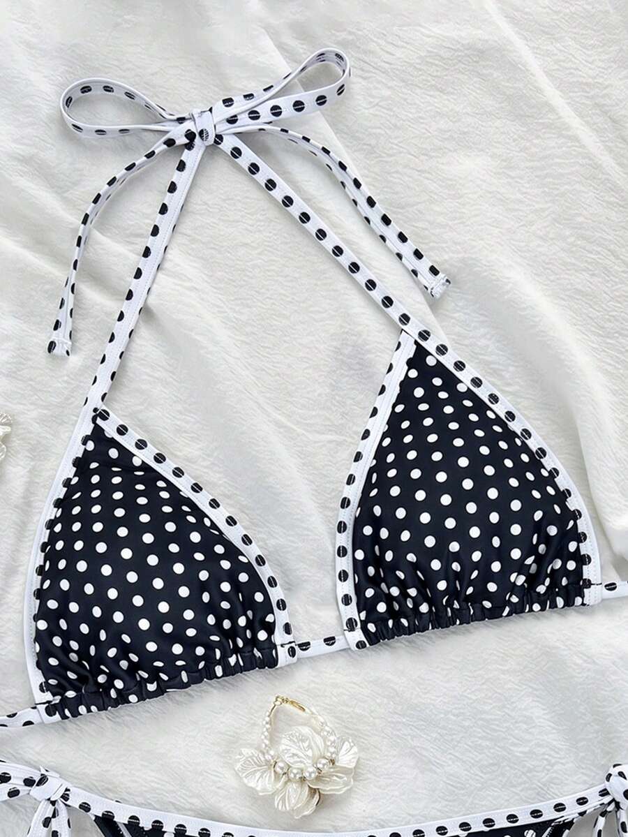 Women's high waist 2-piece triangle bikini set featuring colorblock trim, halter neckline, wireless bra with removable padding, and tie-side bottoms.