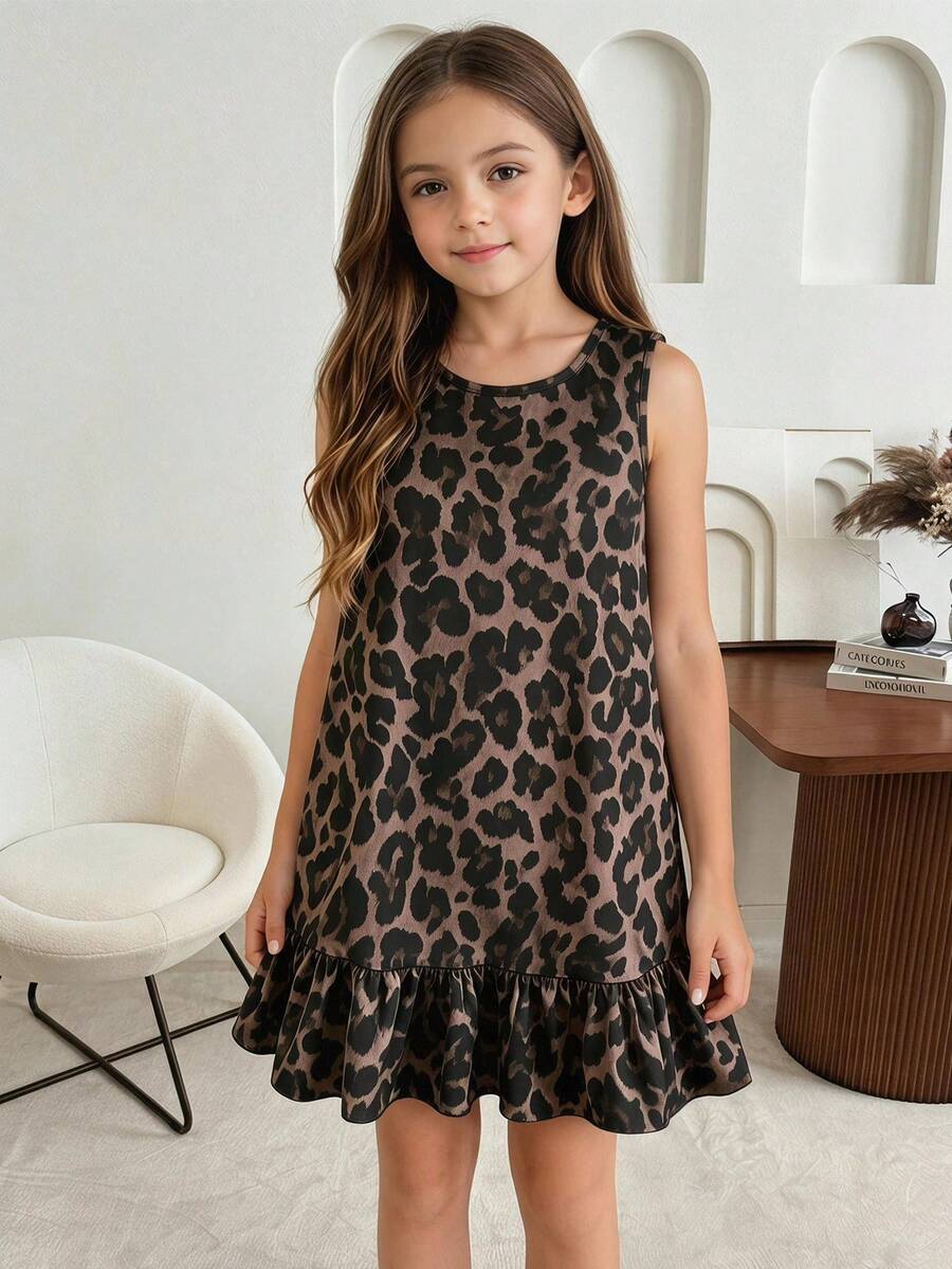 Tween girls casual leopard print smock mini dress featuring a round neck and flounce ruffle hem.