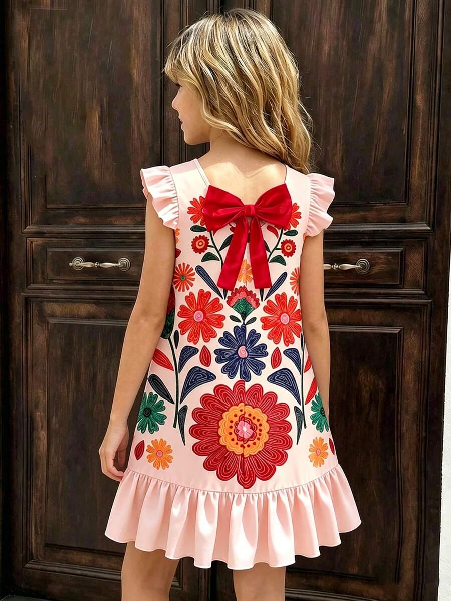 Tween girls apricot vacation midi dress featuring a round neck, cut out details, ruffle flounce accents, and geometric pattern.