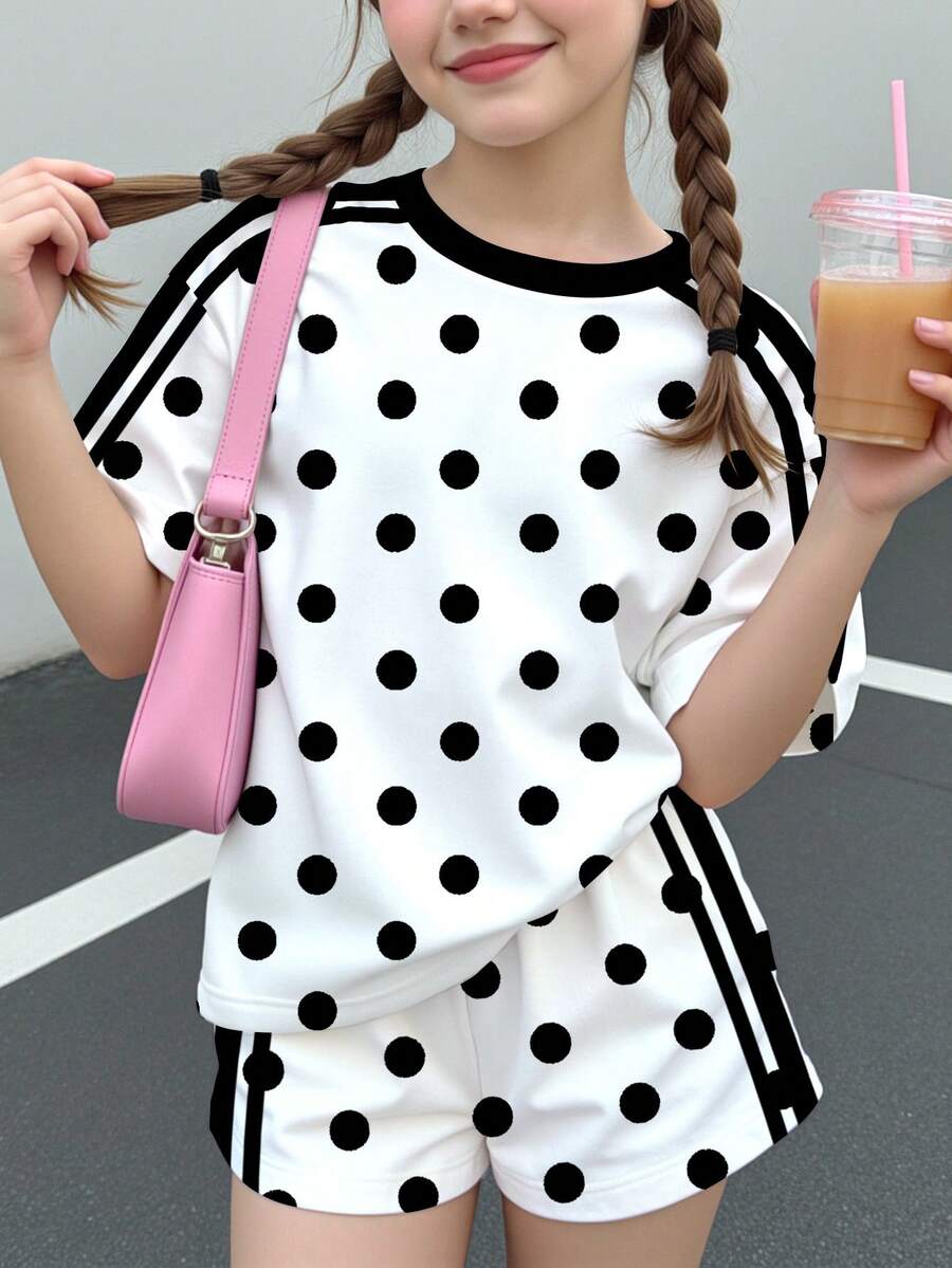 Multicolor heart print short sleeve top and loose shorts 2-piece set for tween girls