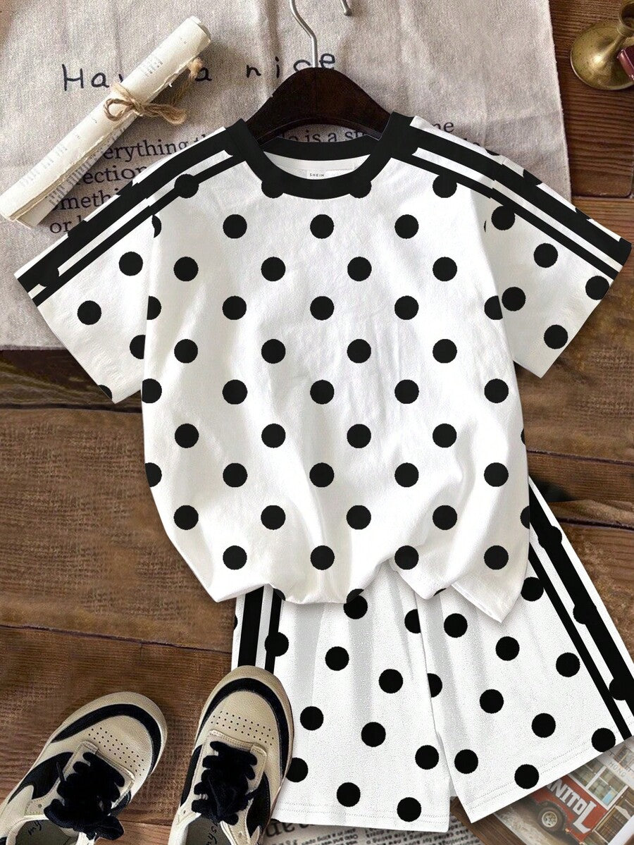 Multicolor heart print short sleeve top and loose shorts 2-piece set for tween girls