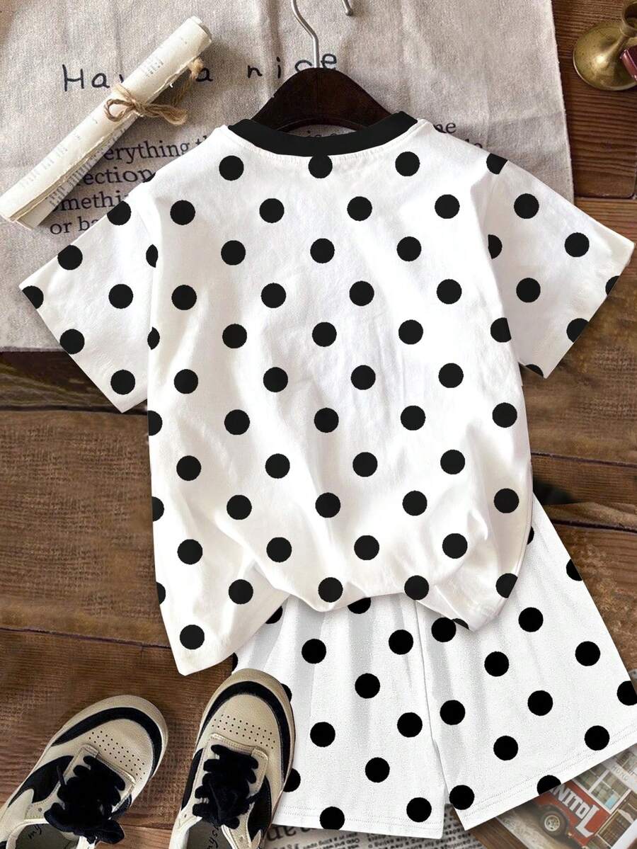 Multicolor heart print short sleeve top and loose shorts 2-piece set for tween girls