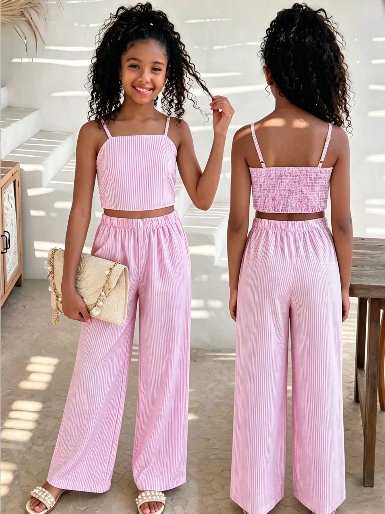 Tween girls casual 2-piece set featuring an apricot woven camisole crop top with back shirring and matching high-waisted loose long pants.