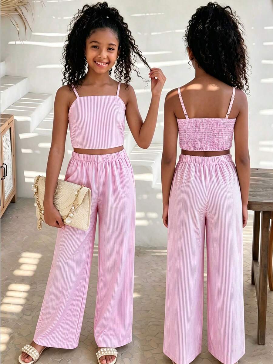 Tween girls casual 2-piece set featuring an apricot woven camisole crop top with back shirring and matching high-waisted loose long pants.