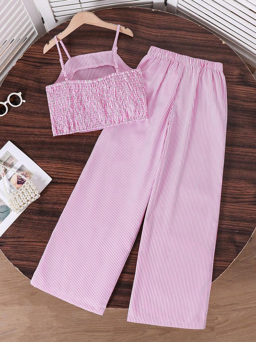 Tween girls casual 2-piece set featuring an apricot woven camisole crop top with back shirring and matching high-waisted loose long pants.