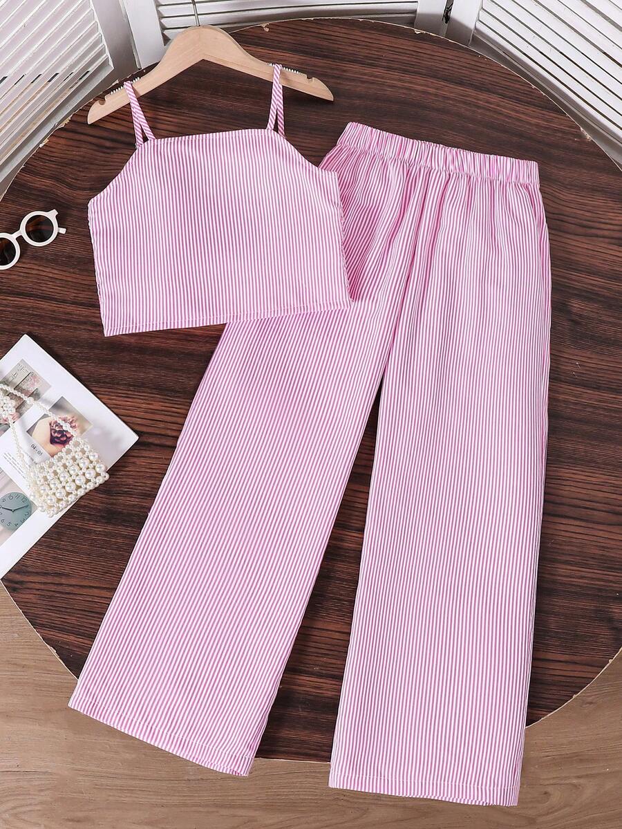 Tween girls casual 2-piece set featuring an apricot woven camisole crop top with back shirring and matching high-waisted loose long pants.