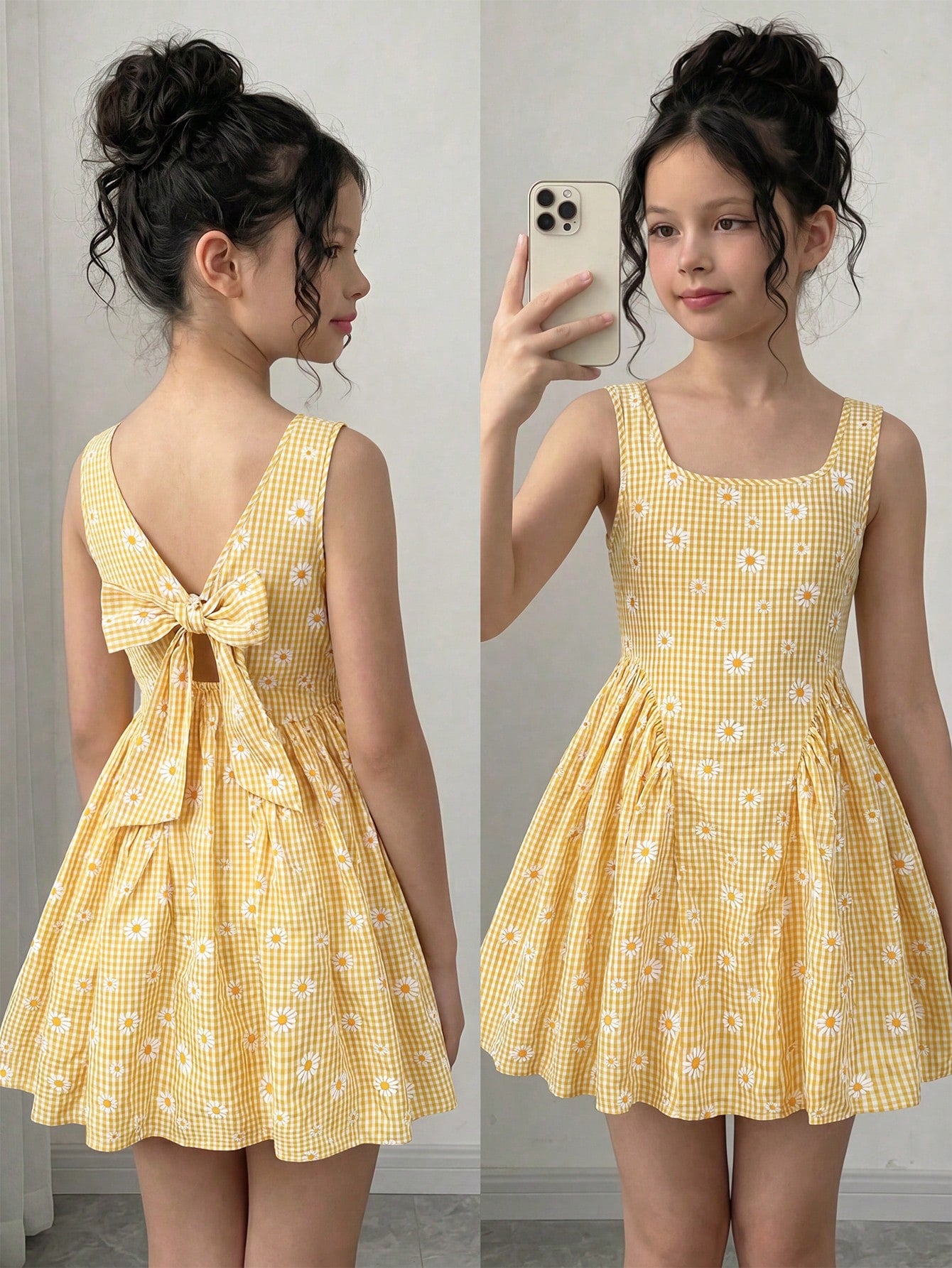 Black and white polka dot sleeveless A-line dress for tween girls featuring a scoop neck, high waist, and flared hem.