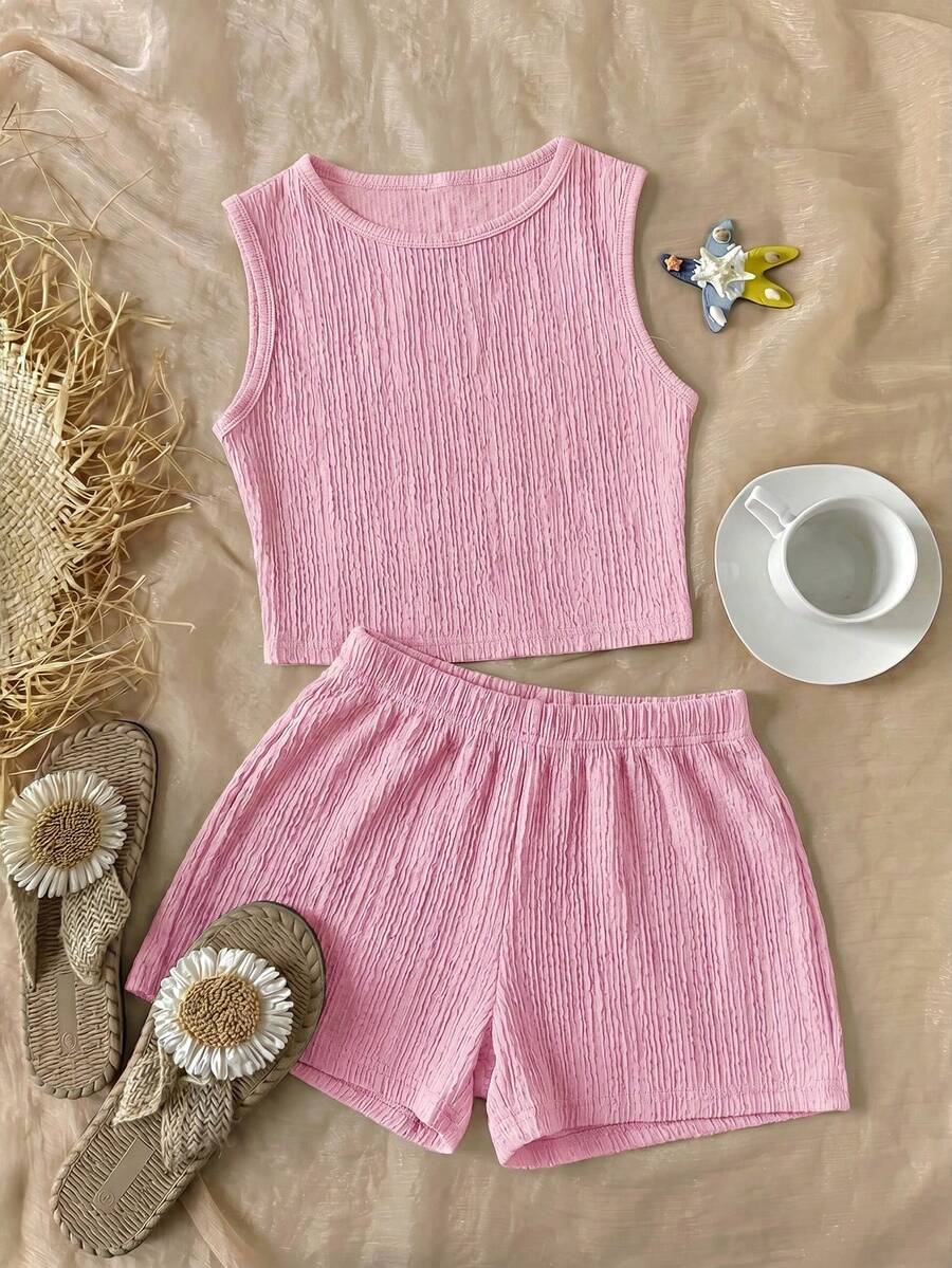 Tween girls black rib-knit round neck slim fit top and textured shorts casual summer set.