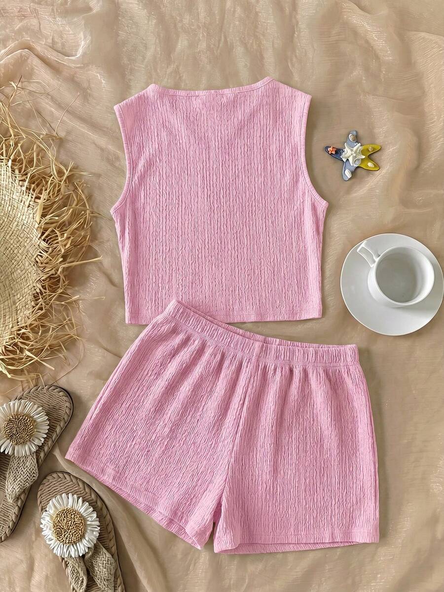 Tween girls black rib-knit round neck slim fit top and textured shorts casual summer set.