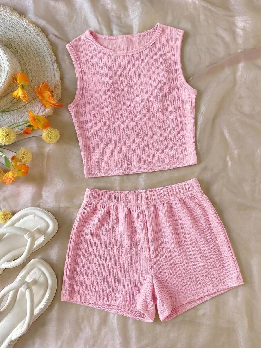 Tween girls black rib-knit round neck slim fit top and textured shorts casual summer set.