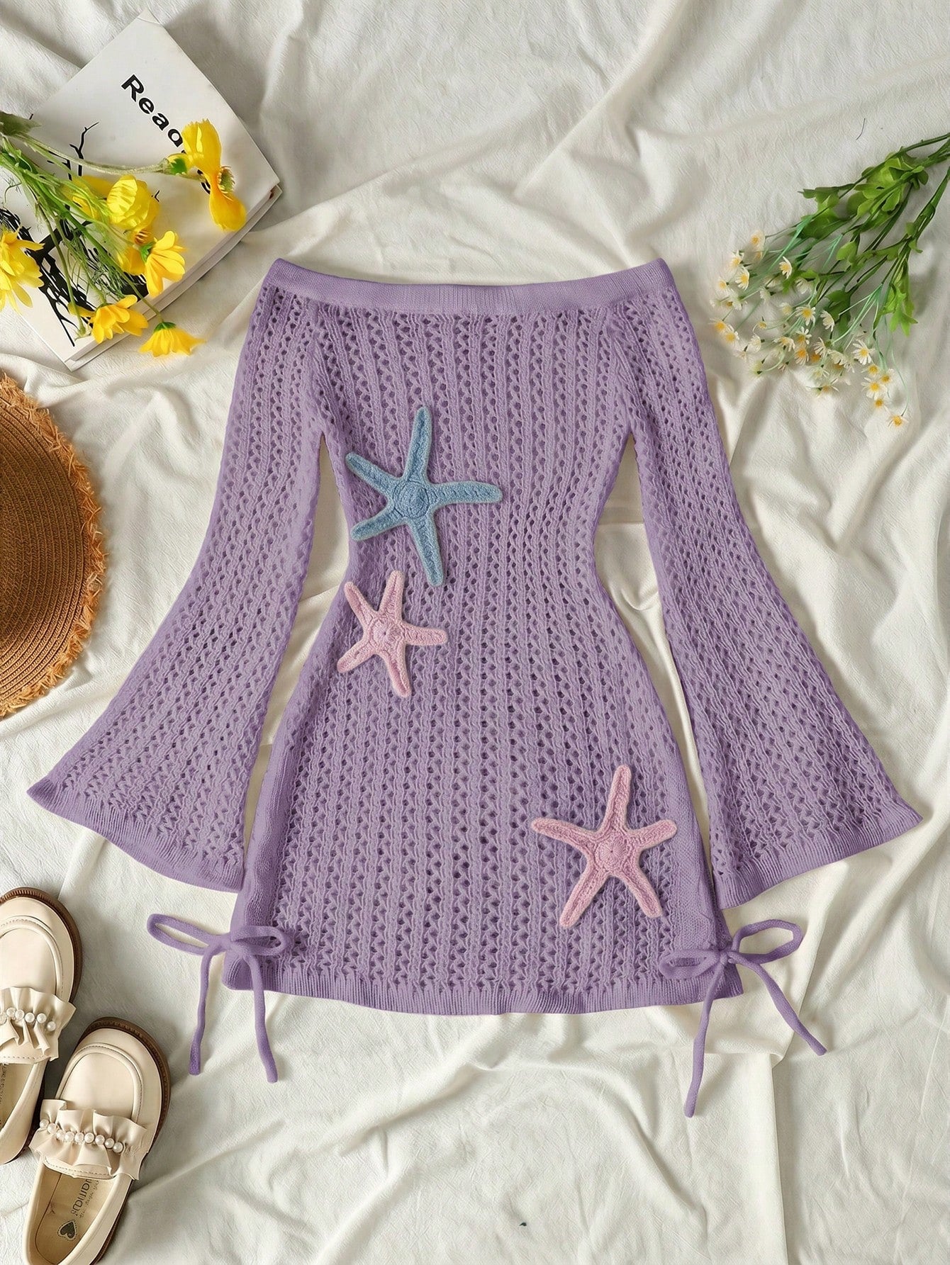 Tween girls off-the-shoulder beach cover-up dress with long sleeves, geometric pattern, and long length, made from 100% polyester fabric for casual swimwear layering.