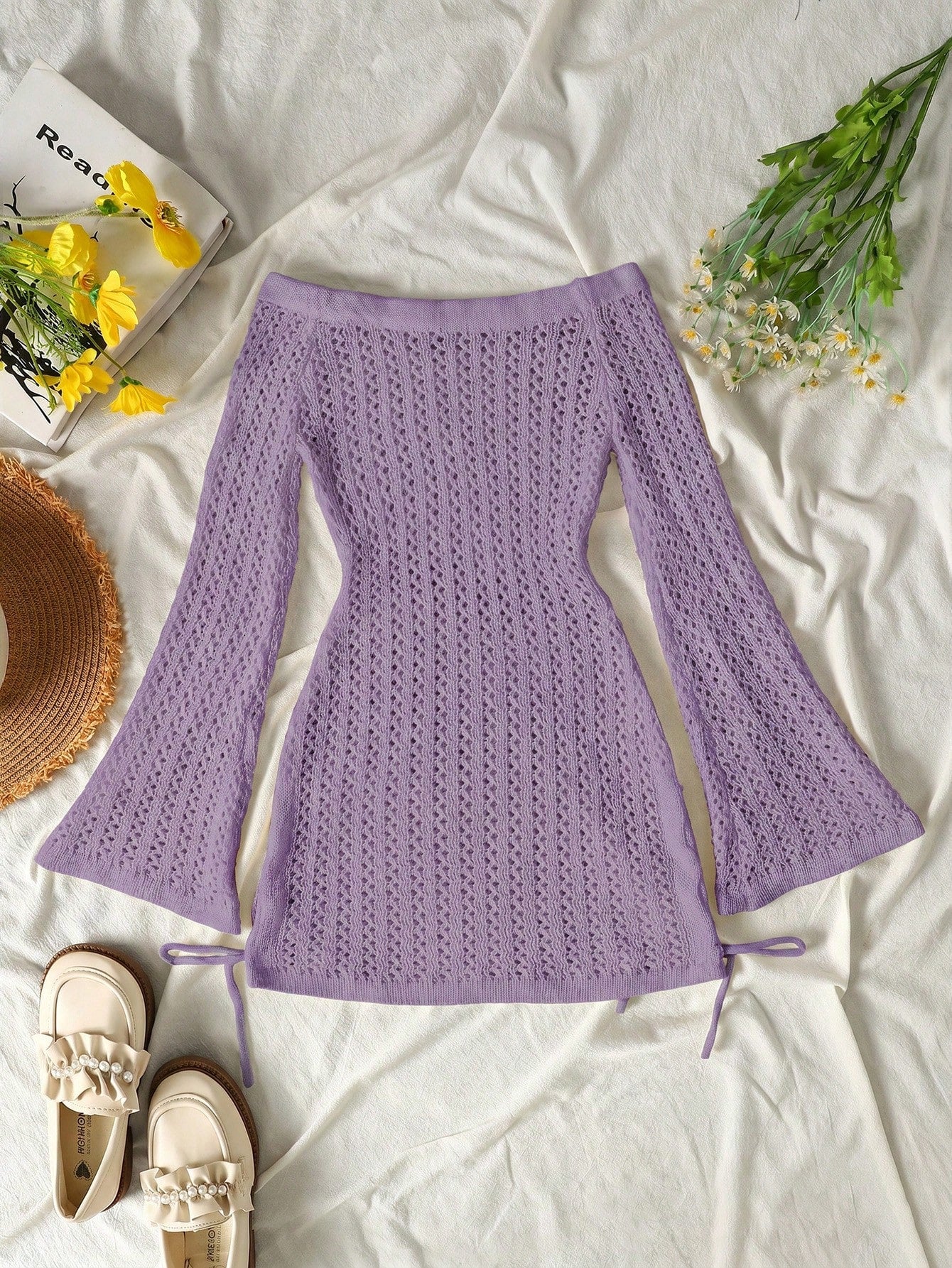 Tween girls off-the-shoulder beach cover-up dress with long sleeves, geometric pattern, and long length, made from 100% polyester fabric for casual swimwear layering.