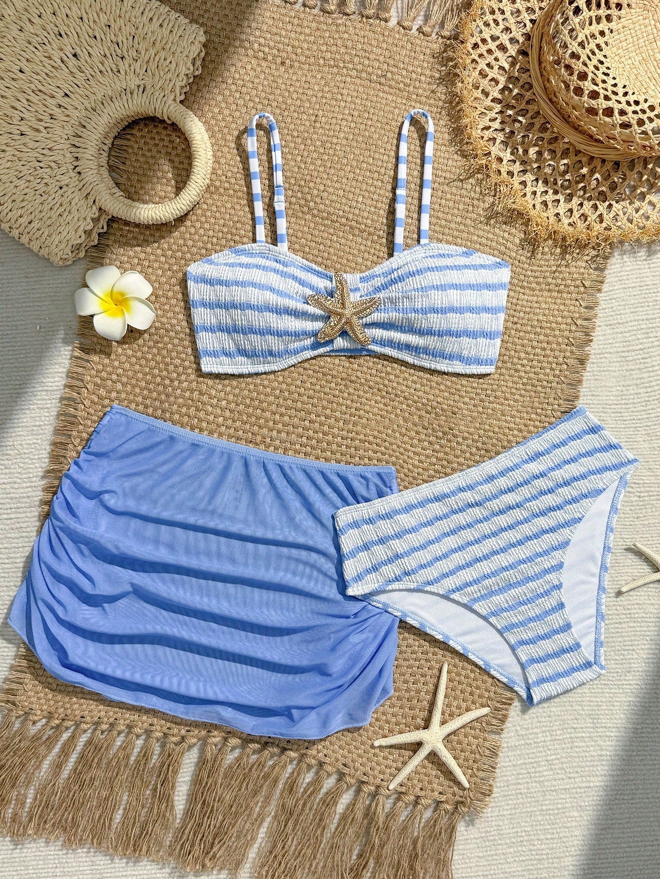 Pink Summer Cute Beach Holiday Tween Girl Elegant Bikini Set With Starfish Decor,Ruffle Beach Dress 3-Piece Children's Swimwear For Teenagers,Vacation