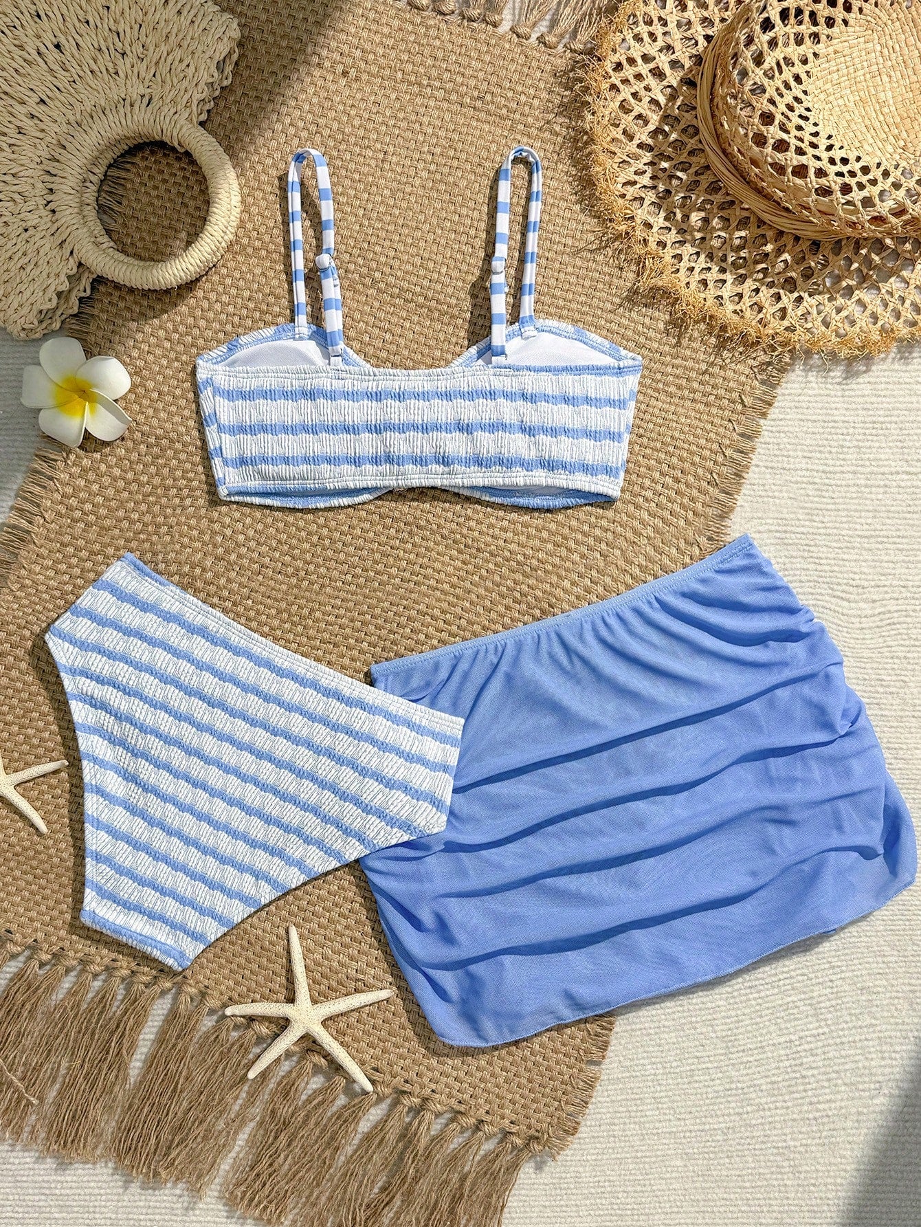 Pink Summer Cute Beach Holiday Tween Girl Elegant Bikini Set With Starfish Decor,Ruffle Beach Dress 3-Piece Children's Swimwear For Teenagers,Vacation