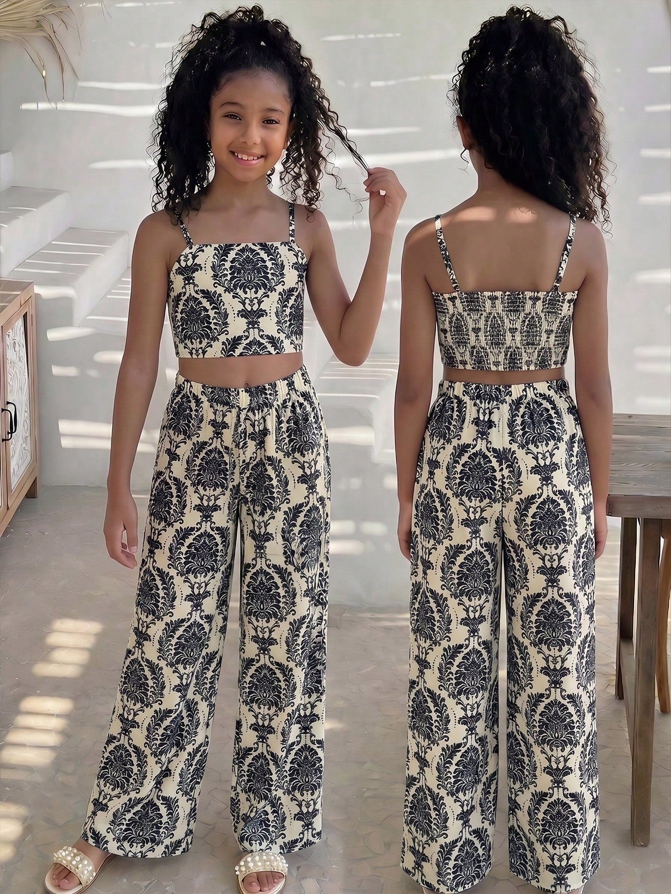 Tween girls casual 2-piece set featuring an apricot woven camisole crop top with back shirring and matching high-waisted loose long pants.