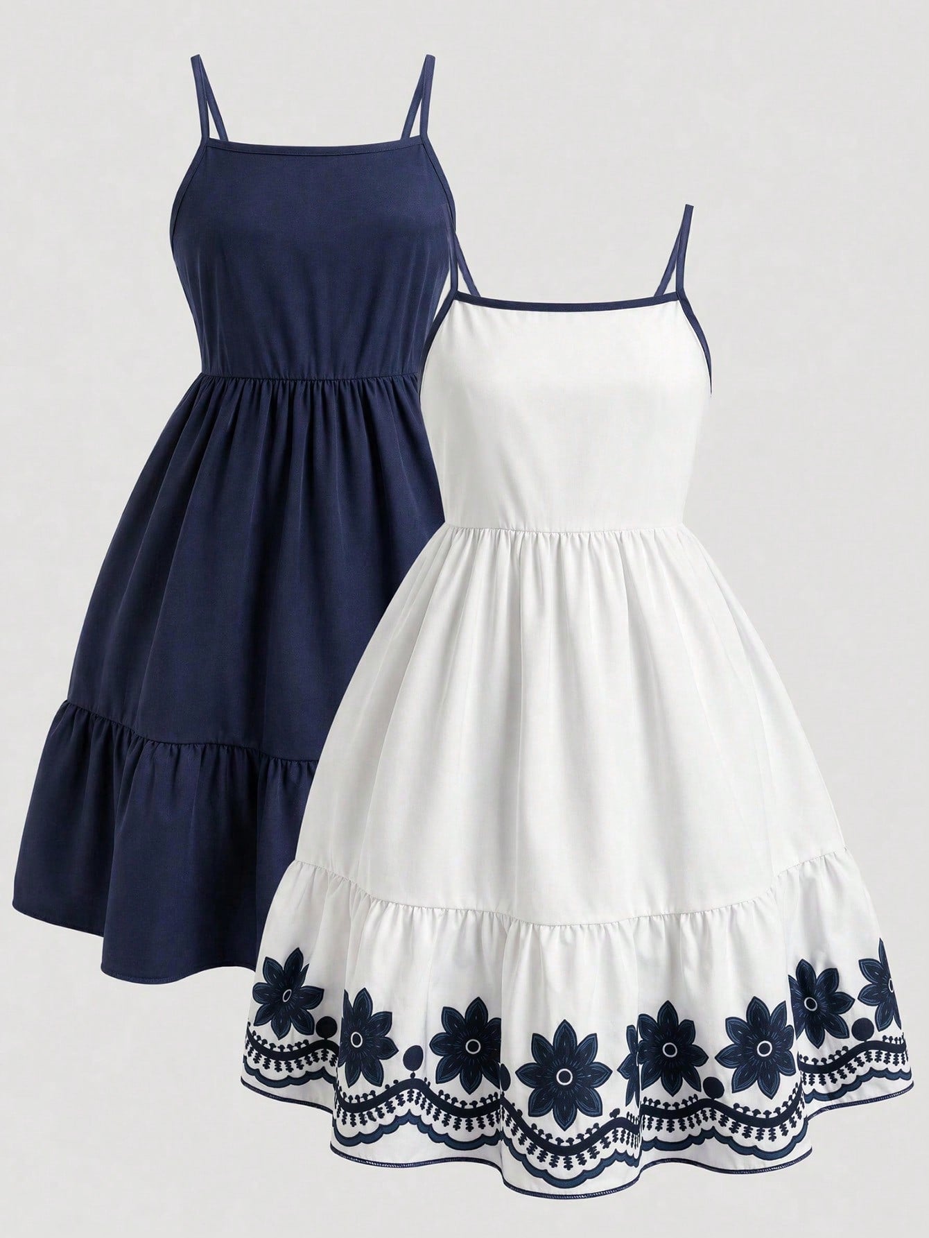 Tween girl blue plant print spaghetti strap cami dress with shirred high waist and flounce ruffled hem