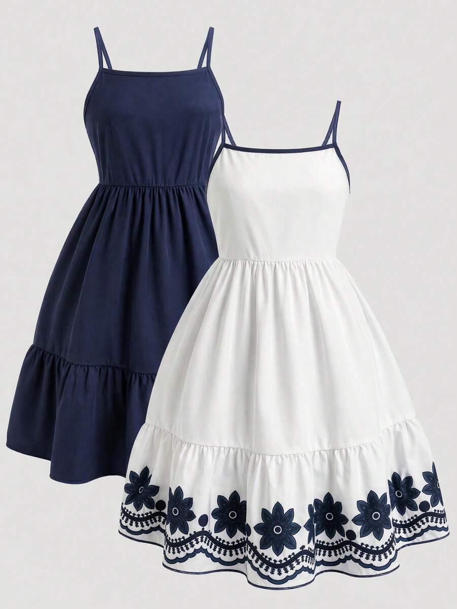 Tween girl blue plant print spaghetti strap cami dress with shirred high waist and flounce ruffled hem