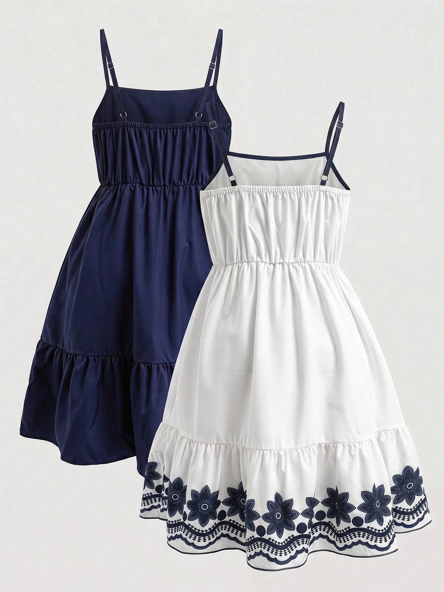 Tween girl blue plant print spaghetti strap cami dress with shirred high waist and flounce ruffled hem