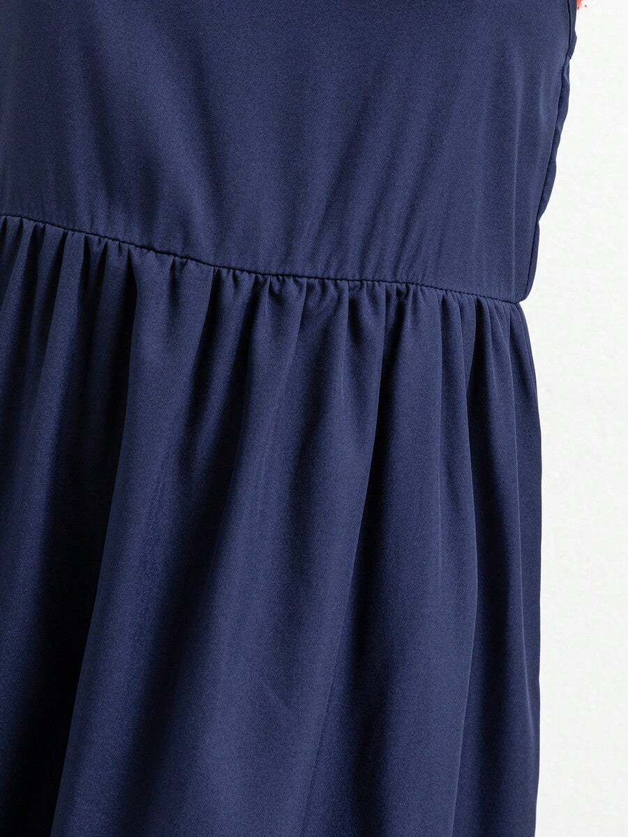 Tween girl blue plant print spaghetti strap cami dress with shirred high waist and flounce ruffled hem