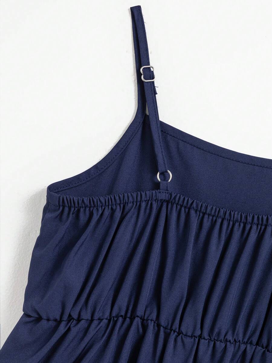 Tween girl blue plant print spaghetti strap cami dress with shirred high waist and flounce ruffled hem