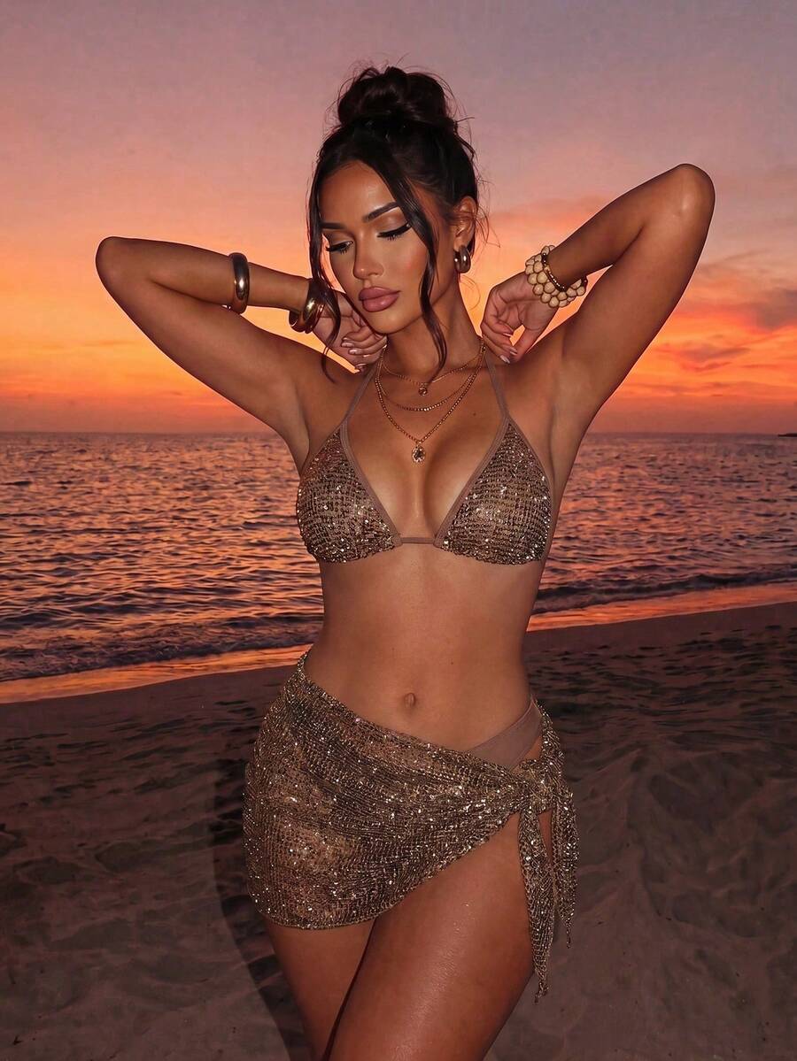 Women's 3-piece net fabric swimsuit set featuring a plain triangle bikini top with spaghetti straps, high-waisted high-cut bottoms, and a matching skirt with knot detail.