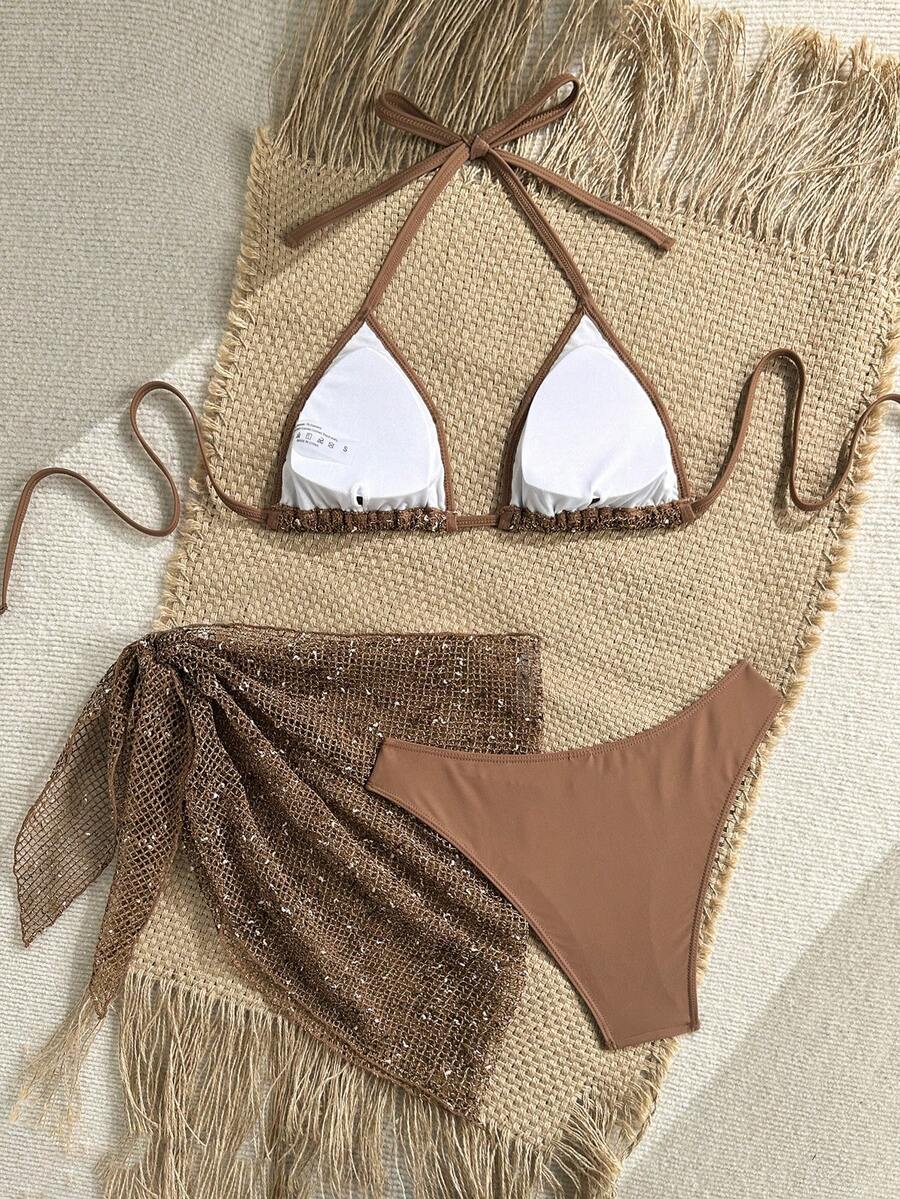 Women's 3-piece net fabric swimsuit set featuring a plain triangle bikini top with spaghetti straps, high-waisted high-cut bottoms, and a matching skirt with knot detail.