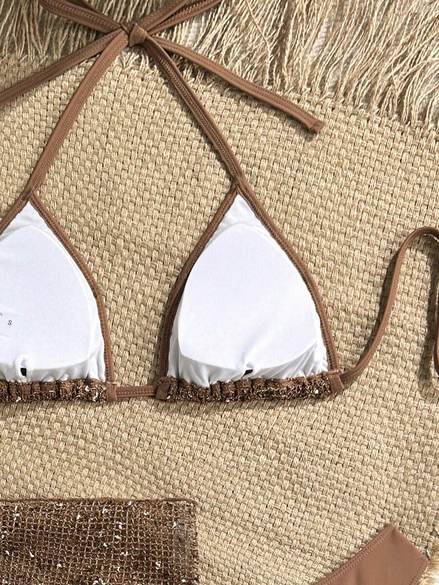 Women's 3-piece net fabric swimsuit set featuring a plain triangle bikini top with spaghetti straps, high-waisted high-cut bottoms, and a matching skirt with knot detail.