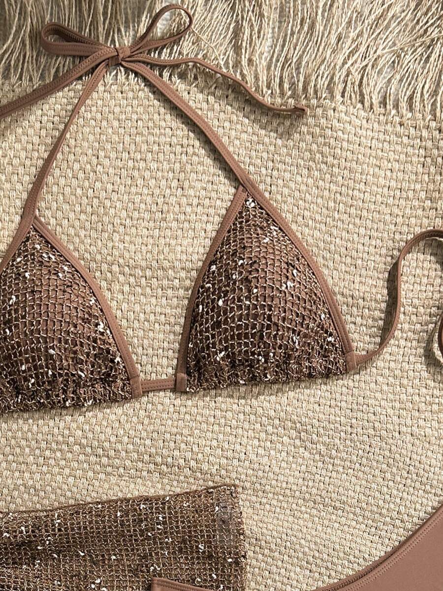 Women's 3-piece net fabric swimsuit set featuring a plain triangle bikini top with spaghetti straps, high-waisted high-cut bottoms, and a matching skirt with knot detail.