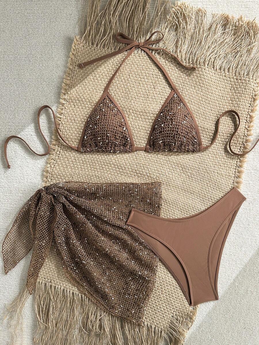 Women's 3-piece net fabric swimsuit set featuring a plain triangle bikini top with spaghetti straps, high-waisted high-cut bottoms, and a matching skirt with knot detail.