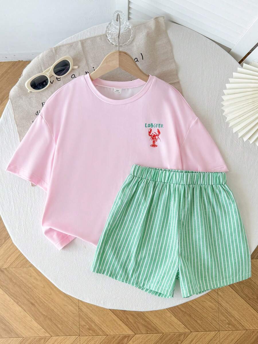 Tween girl wearing a black and white striped drop-shoulder crew neck t-shirt with bow embroidery paired with matching tie-waist shorts.